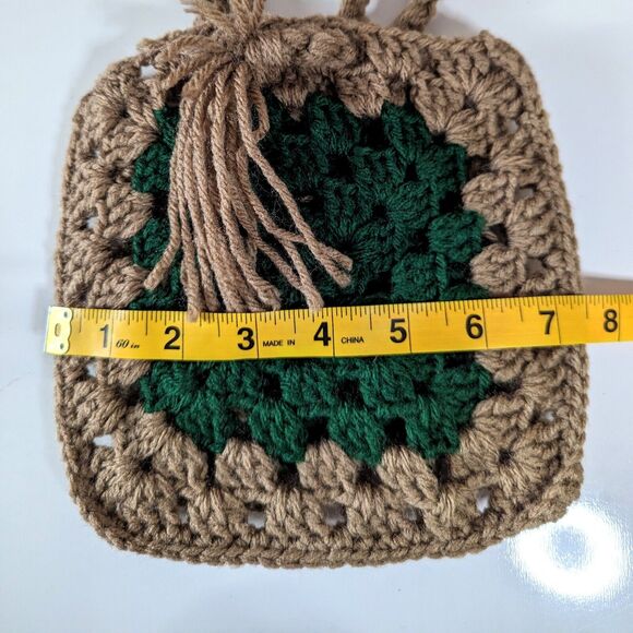 Vintage Handmade Granny Square Shoulder Purse Bag Green Beige Crochet Knit Mini - Picture 5 of 8